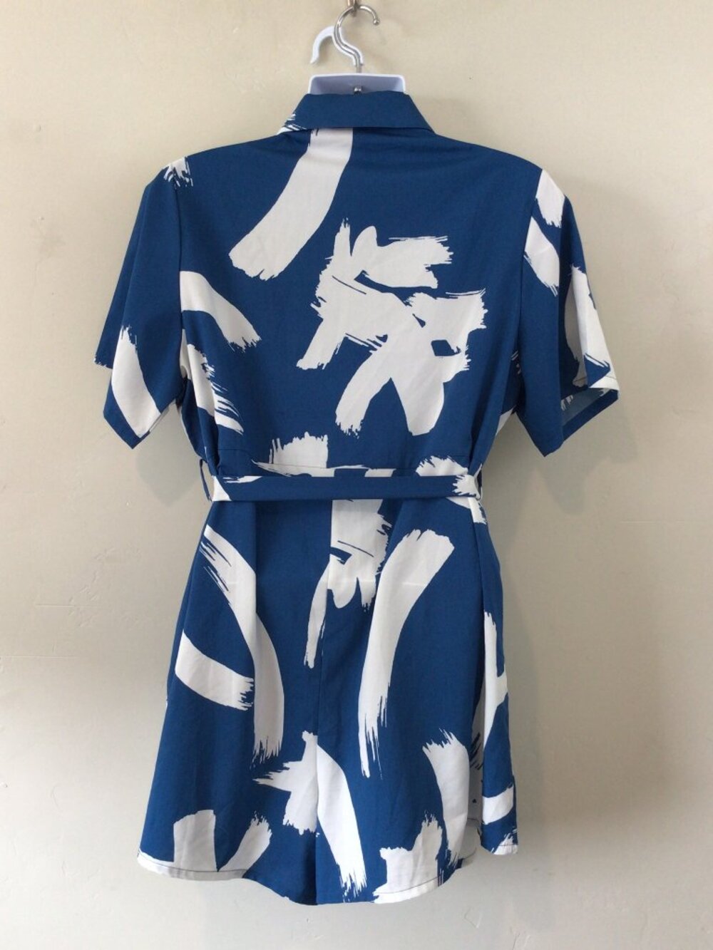 Blue and White Brushstroke Shirt Romper - Women's Jumpsuit - Picture 4 of 6